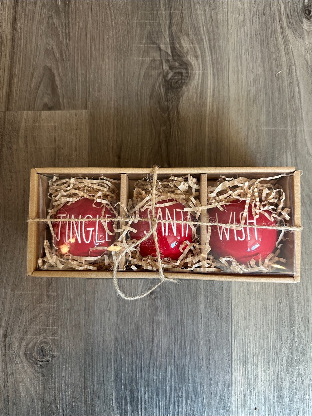 Rae Dunn Christmas Ornament Set of 3 “Jingle Santa Wish” Red Farmhouse Decor NIB